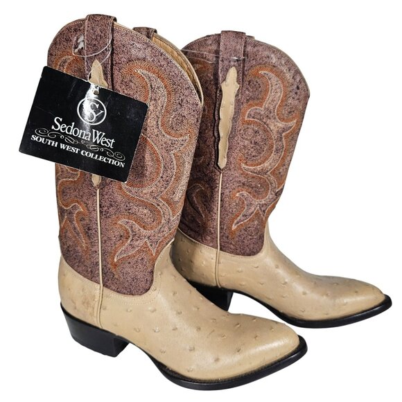 Sedona West Other - Vintage Sedona West Men's Ostrich Leather Western Boots Tan Brown‎ 7D
